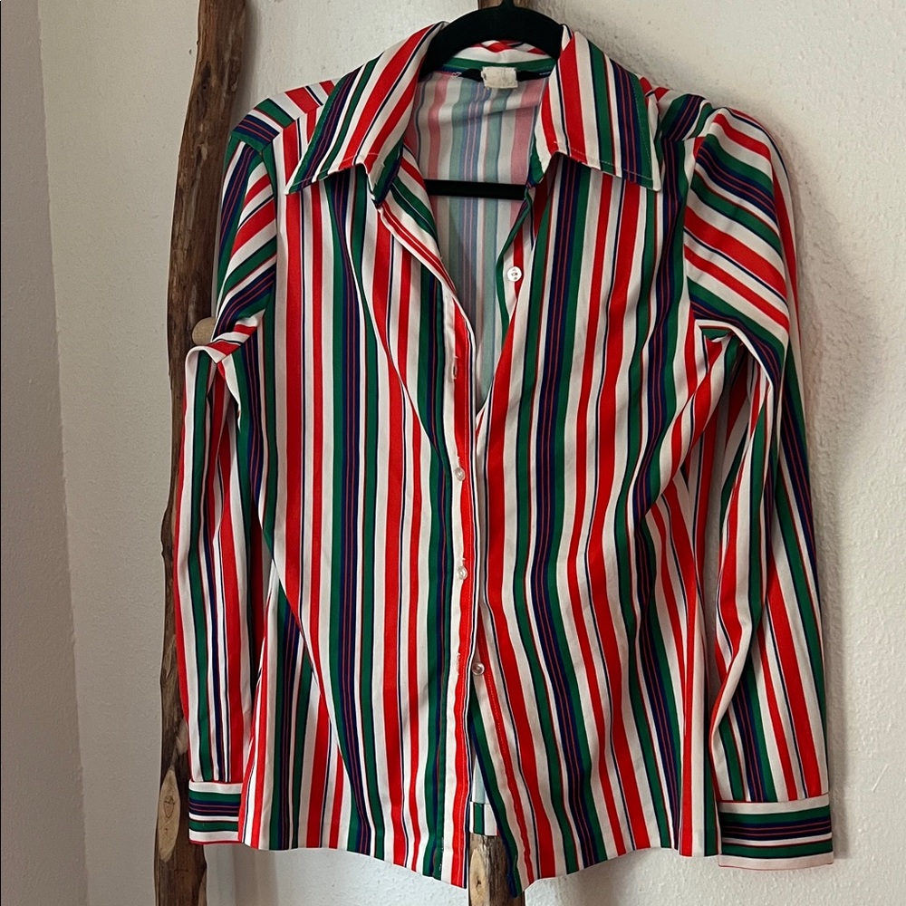 Jack Winter Vintage 70s Red White Green Blue Striped Button-Down Shirt Small